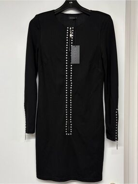 Sheri Bodell Crystal Embellished Black Knit Long Sleeve Dress NWT